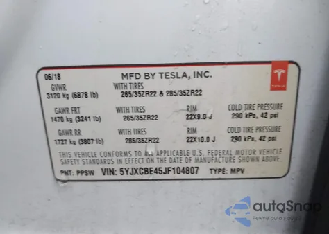 2018 Tesla Model X 100D/75D/P100D z USA, uszkodzony, nr VIN 5YJXCBE45JF104807